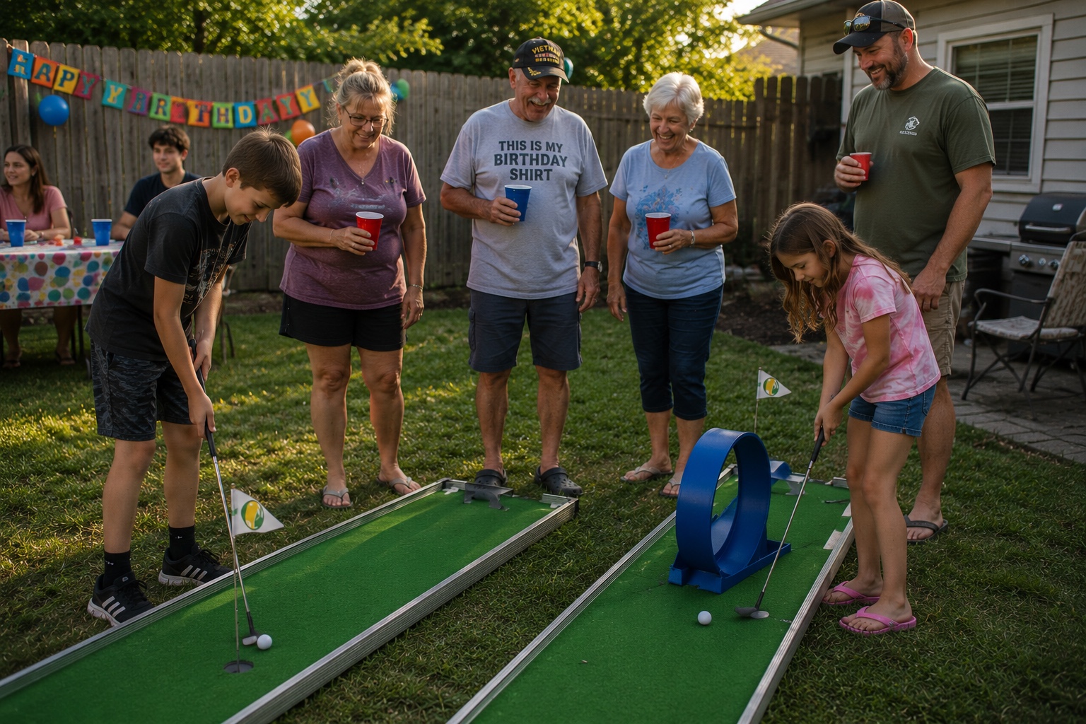 Family enjoying mini golf at a backyard party