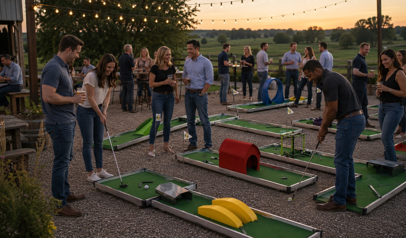 Adults enjoying mini golf at a social event