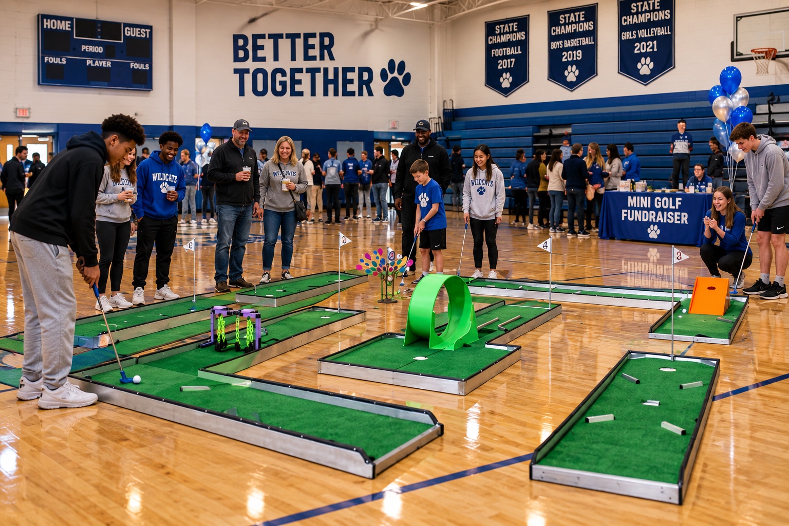 Mini golf fundraiser in a school gym