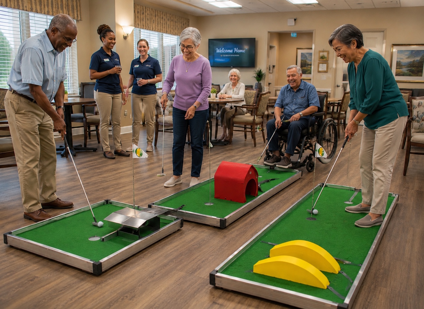 Seniors enjoying mini golf indoors