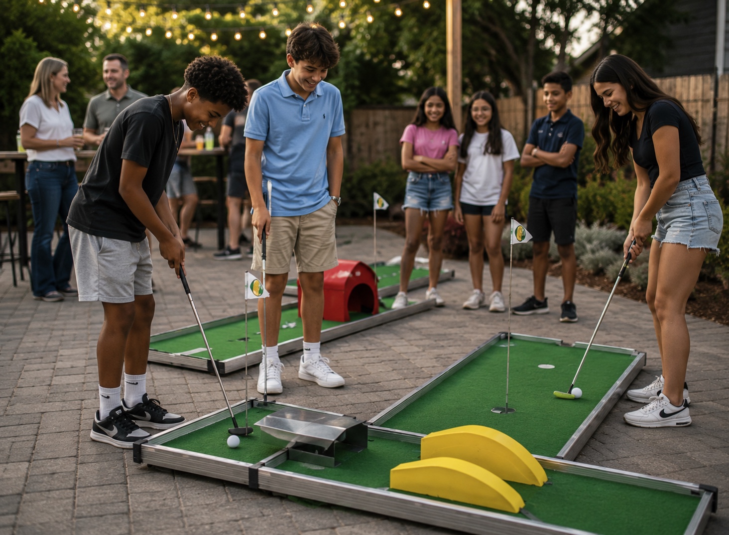 Teenagers playing mini golf