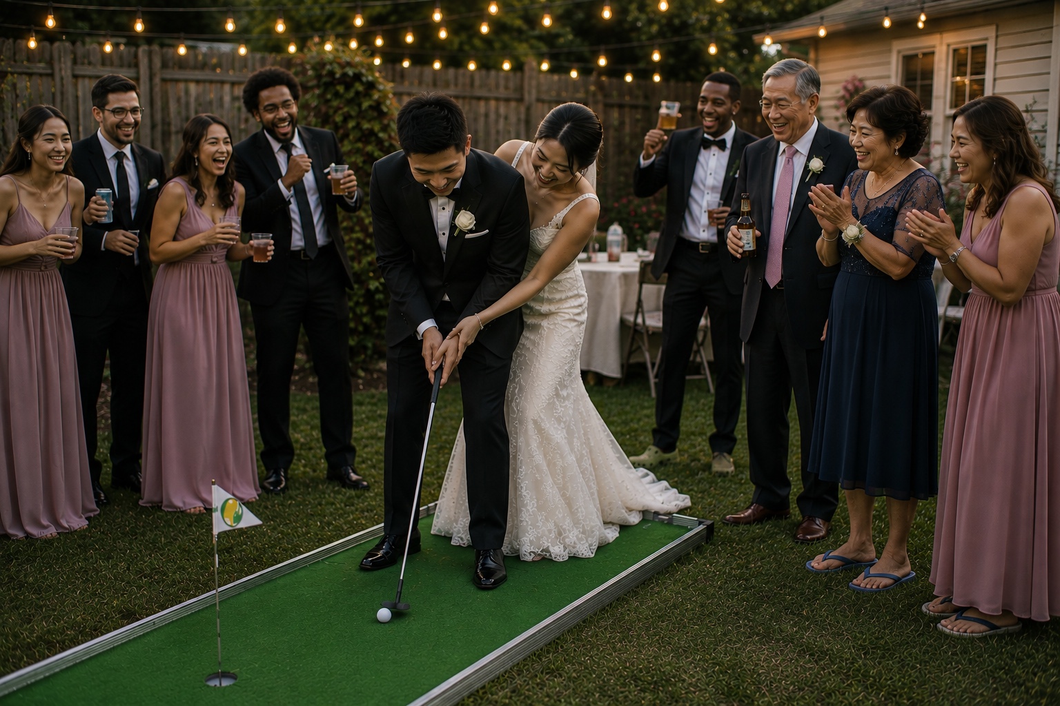 Bride and groom playing mini golf